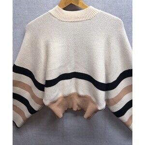Stylewe Women's Sweater Large Cream Black Tan Stripes Cozy Cropped